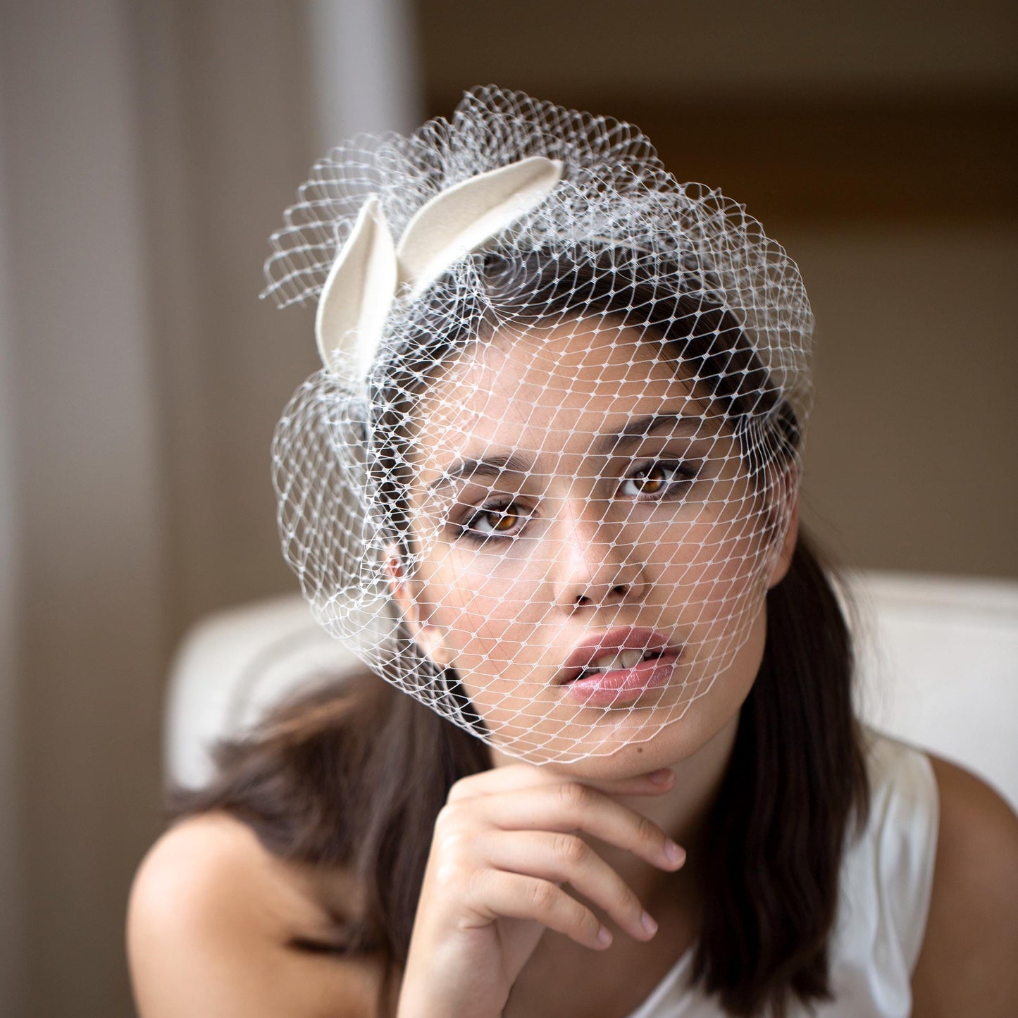 Ivory Birdcage Veil: Felt Leaf Petals, Elegant Bridal Headpiece