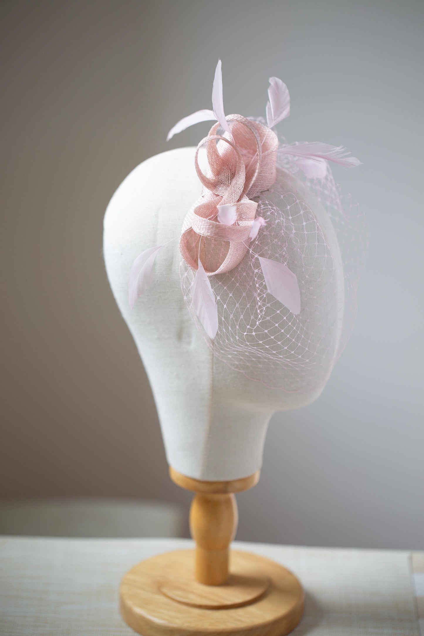 Powder Rose Feather Fascinator: Blush Birdcage Veil Wedding Headpiece