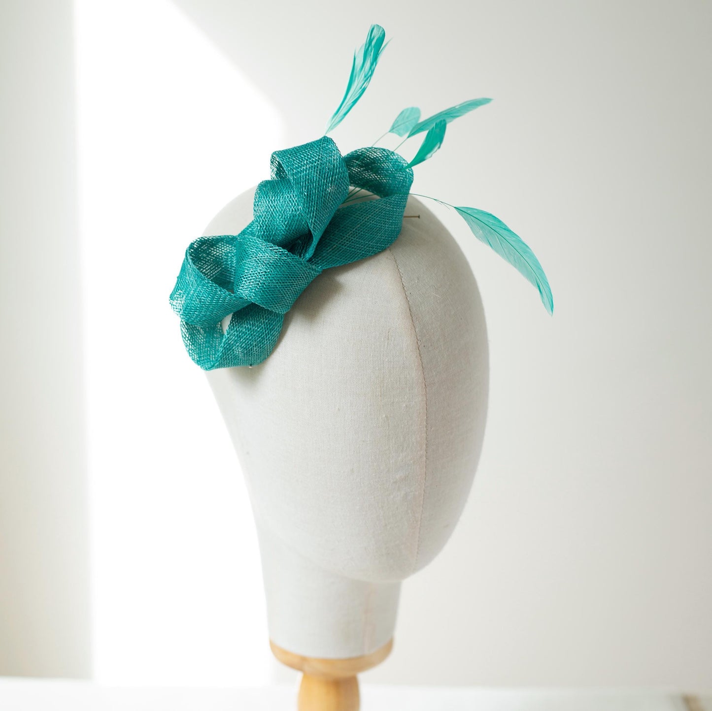 Jade Green Bow Fascinator: Sinamay & Feather Hairpiece