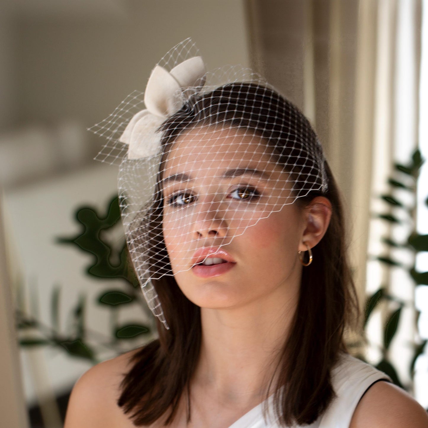 Ivory Wedding Fascinator: Felt Leaves, Short Birdcage Veil