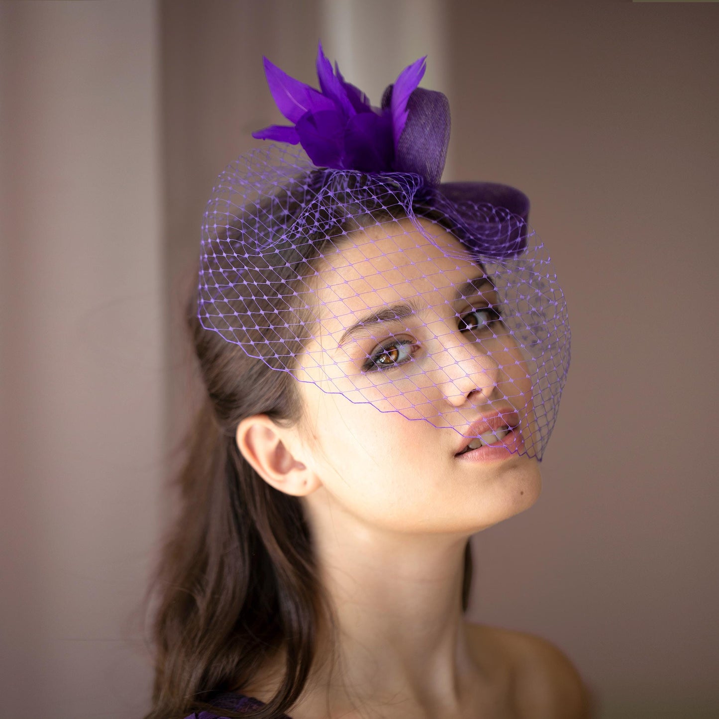 Purple Feather Fascinator: Birdcage Veil Headpiece for Wedding