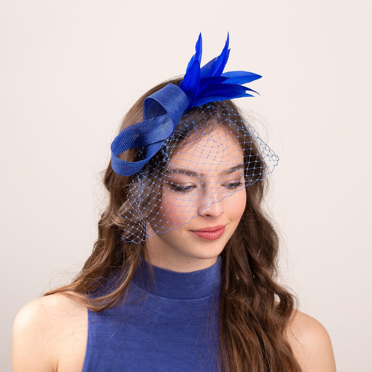 Royal Blue Feather Fascinator for Wedding Guests, Formal Occasion Headpiece for Netting Veil