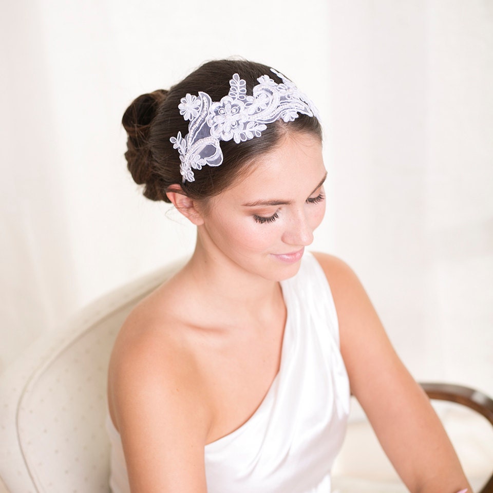 Bridal Lace Headband: White Floral Pearl Headpiece
