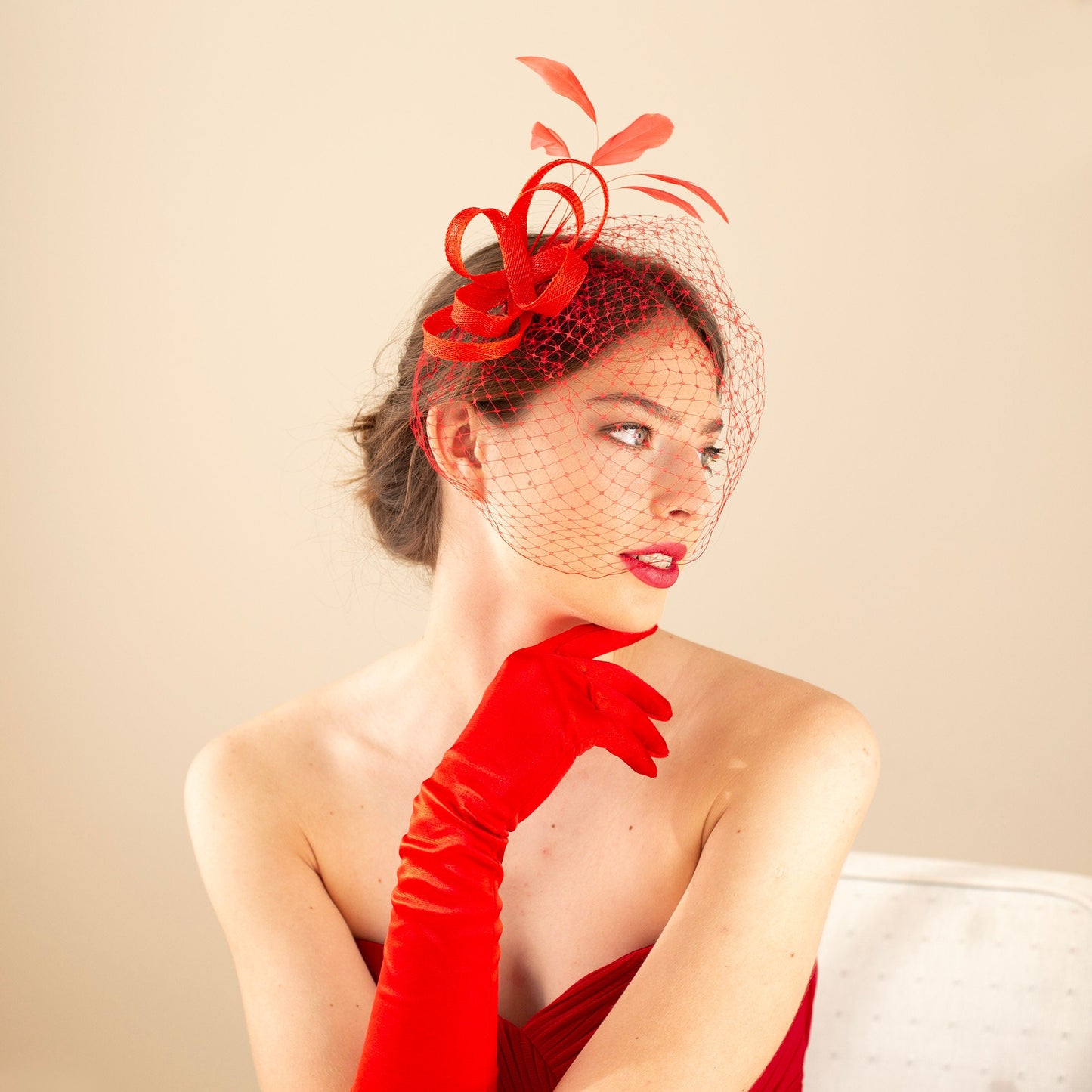 Red Wedding Birdcage Fascinator: Feather Veil Headpiece