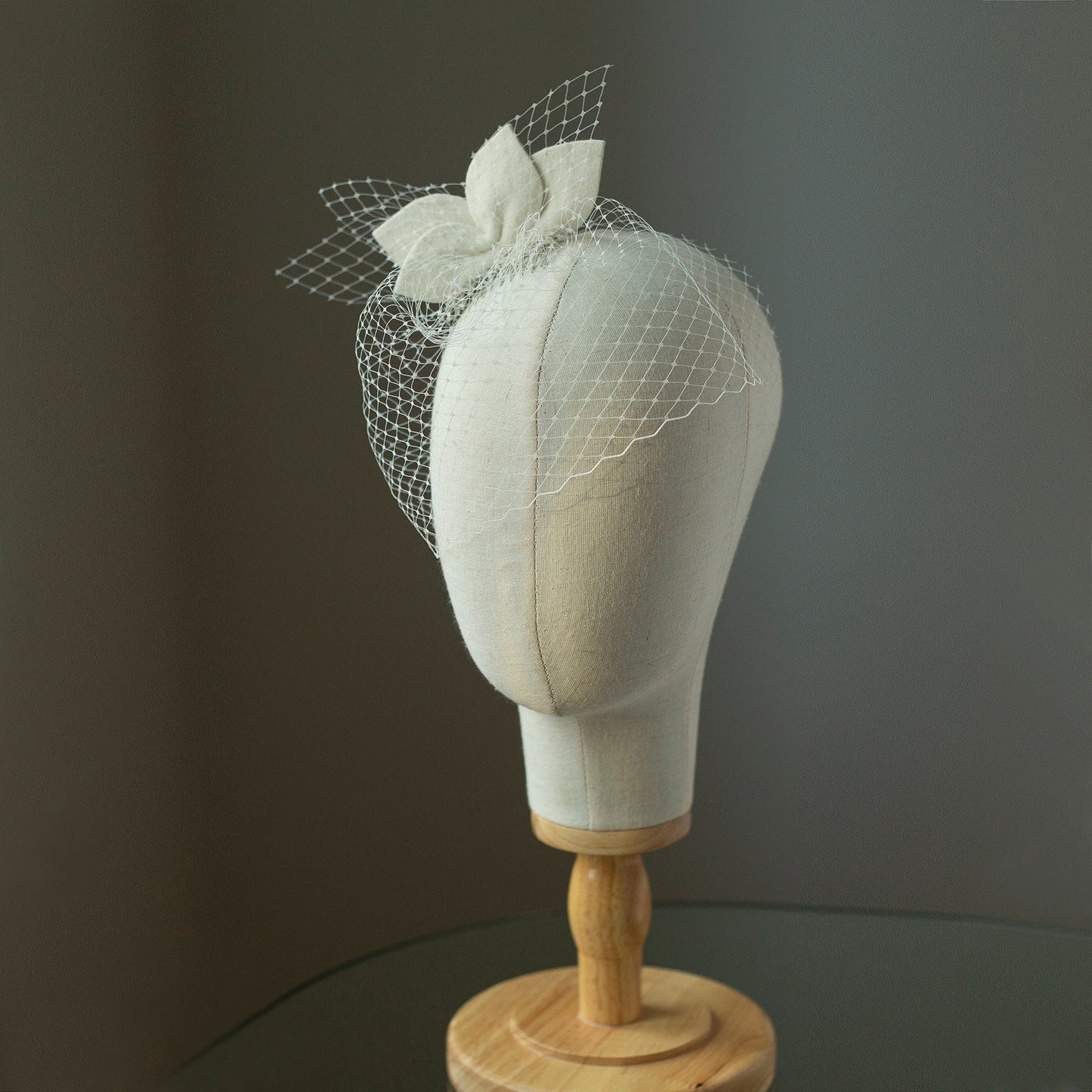 Bridal Fur Felt Leaves Birdcage Veil - Ivory White Fascinator