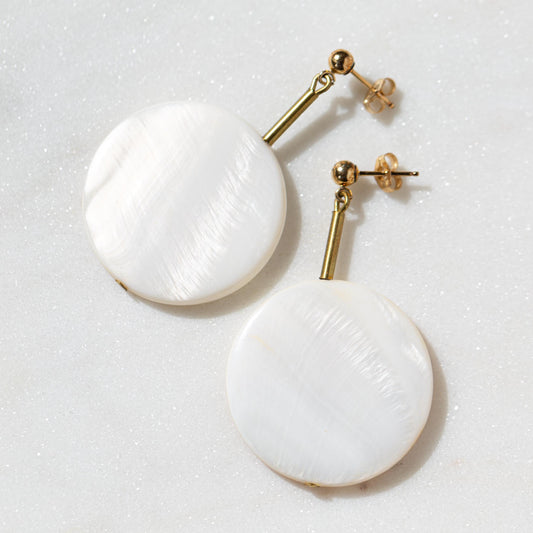 Hand Cut Mother of Pearl Drop Earrings: 14K Gold Filled