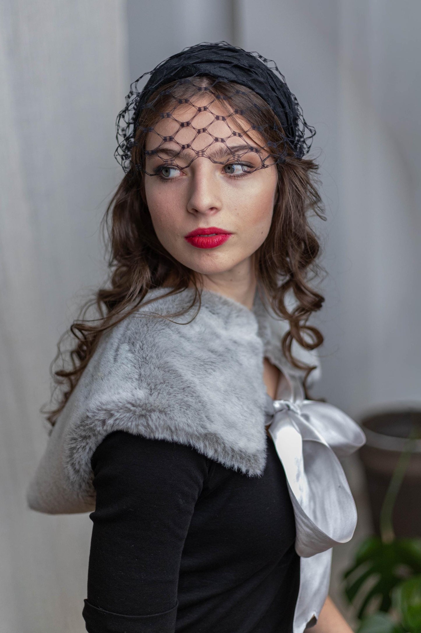 Black Silk Dupion Cap Hat with Honeycomb Birdcage Veil