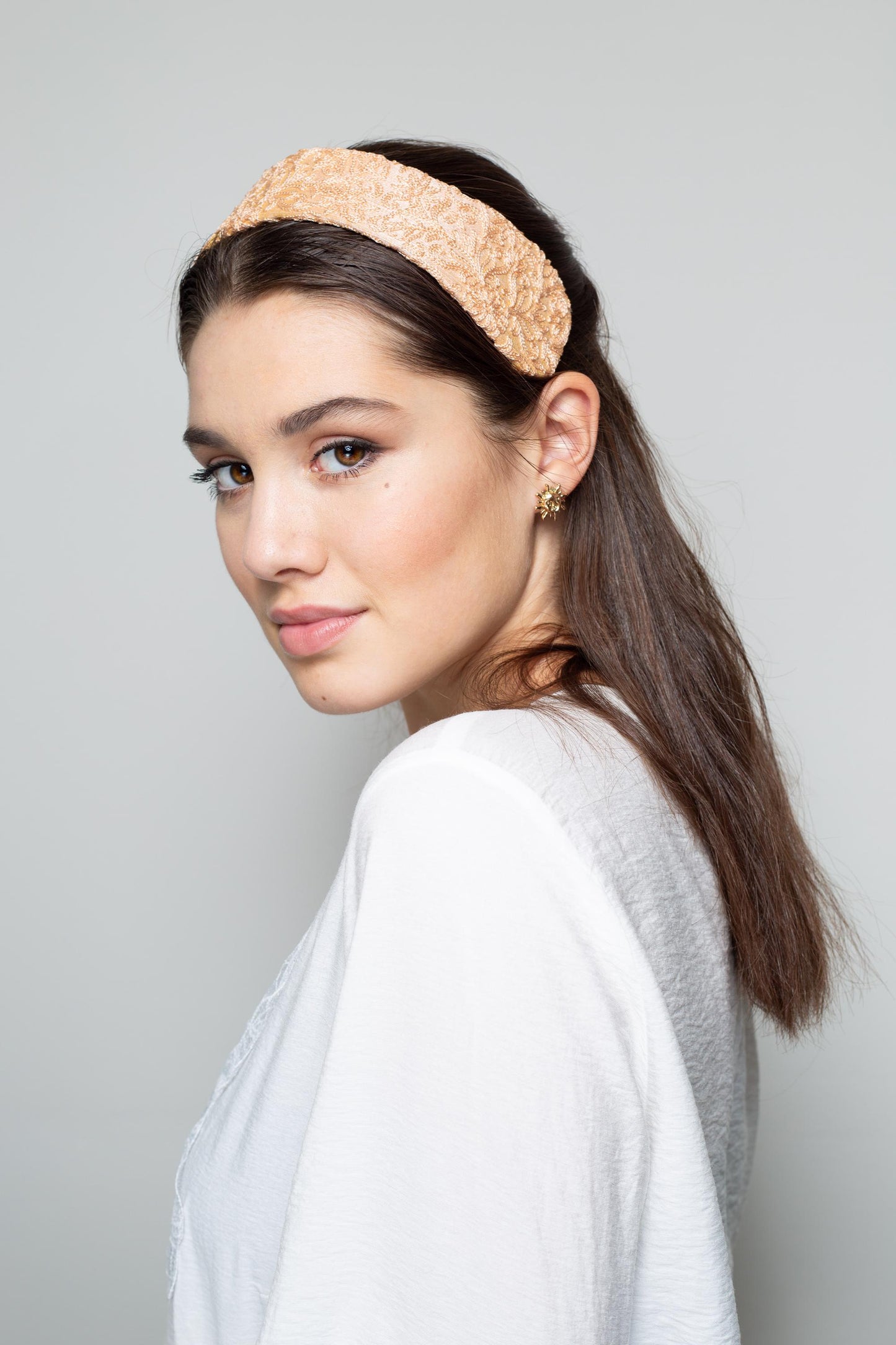 Peach Silk Headband – Embroidered Indian Silk Wide Millinery Headpiece, Bridal & Special Occasion Hair Accessory