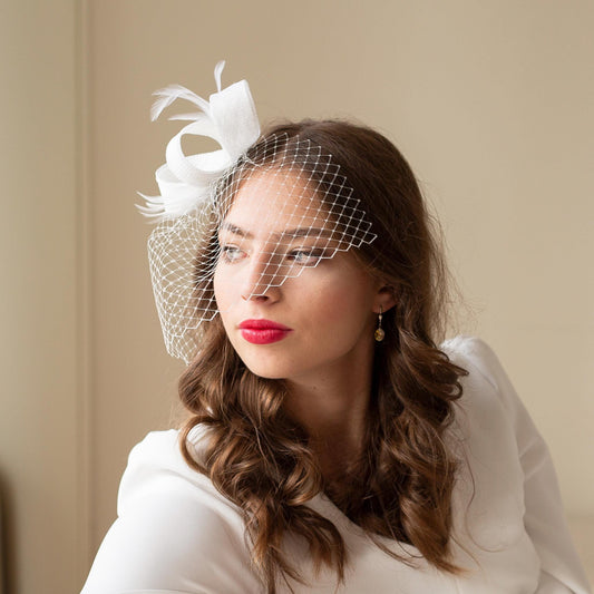 White Feather Wedding Fascinator: Modern Birdcage Veil Headpiece