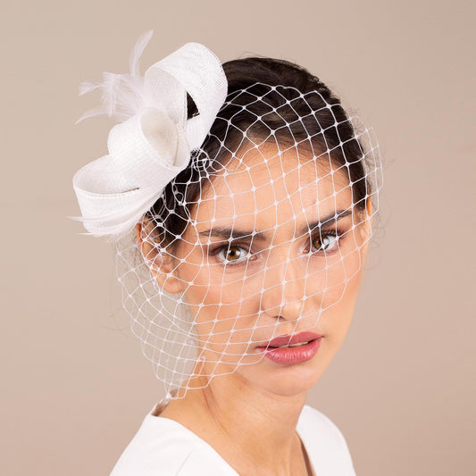 White Feather Wedding Birdcage Fascinator Elegant Bridal Headpiece with Netting face Veil