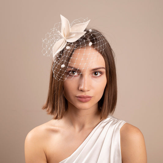 Ivory Wedding Leaf Fascinator Felt Flower Bridal Headpiece with Netting Birdcage Veil