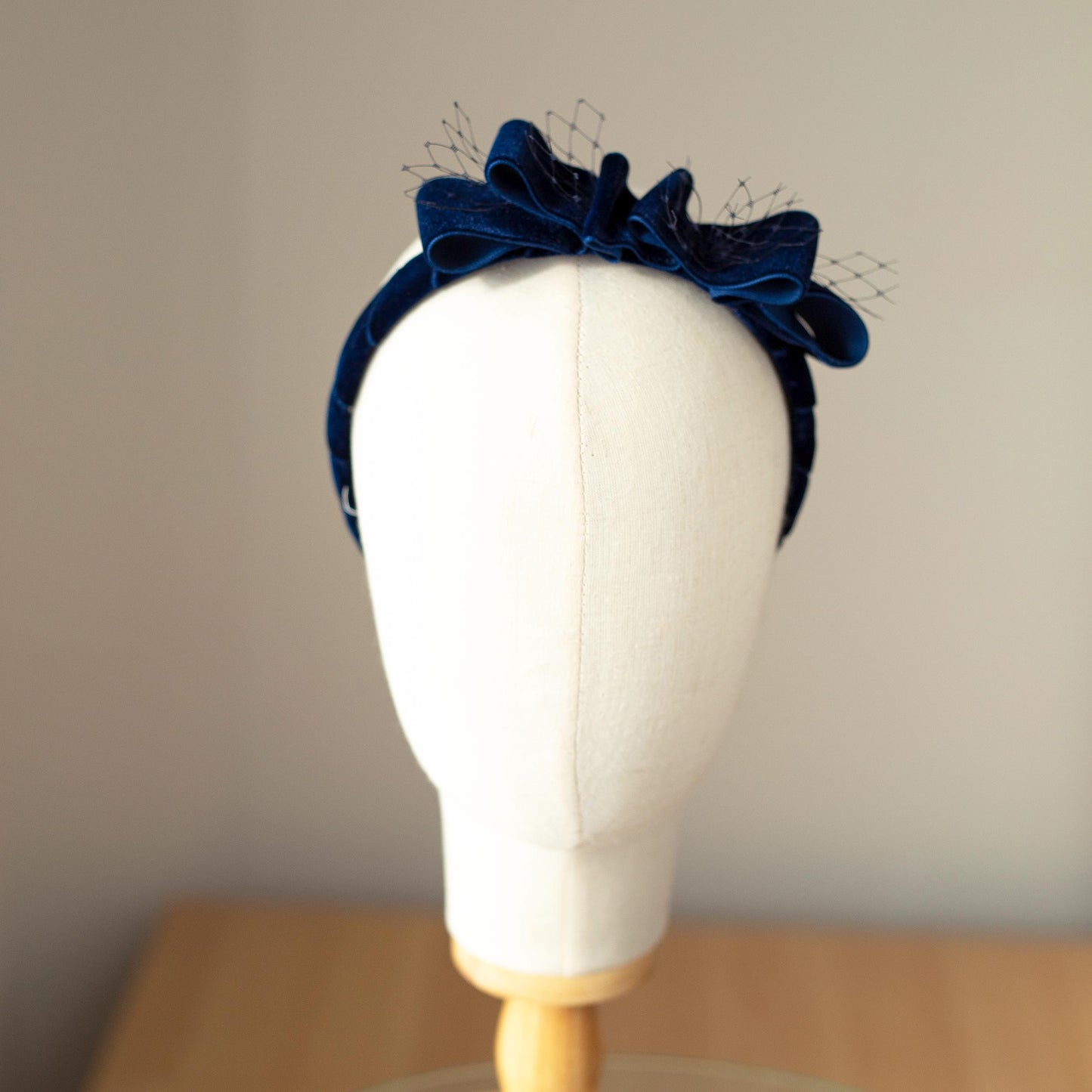Navy Velvet Bow Headband: Vintage Ribbon & Netting Headpiece