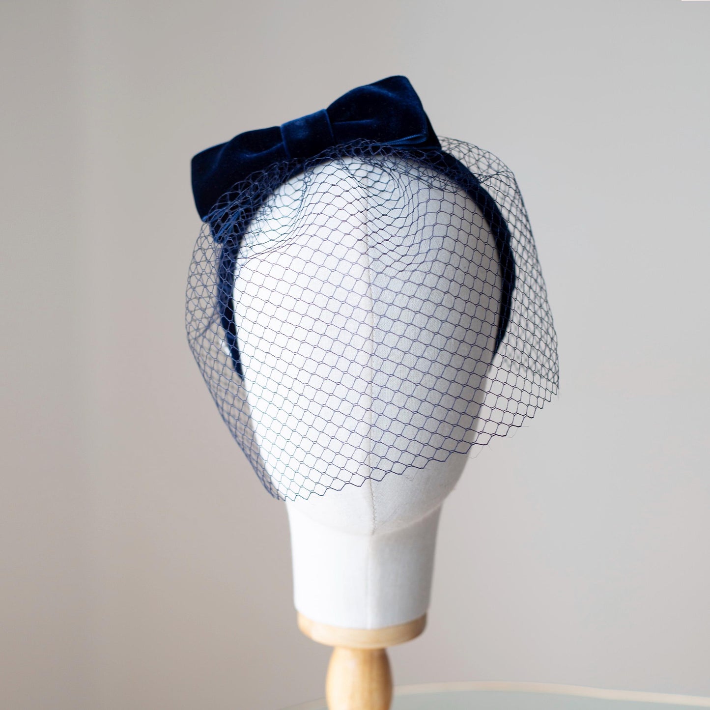 Navy Velvet Birdcage Veil Headband: Vintage Wedding Headpiece with Netting Face Veil