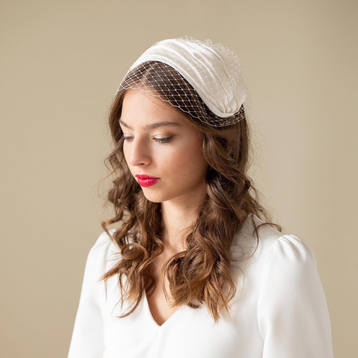 Antique style birdcage with silk satin half hat for a bride, bridal wide veiled headband, wedding millinery silk headpiece