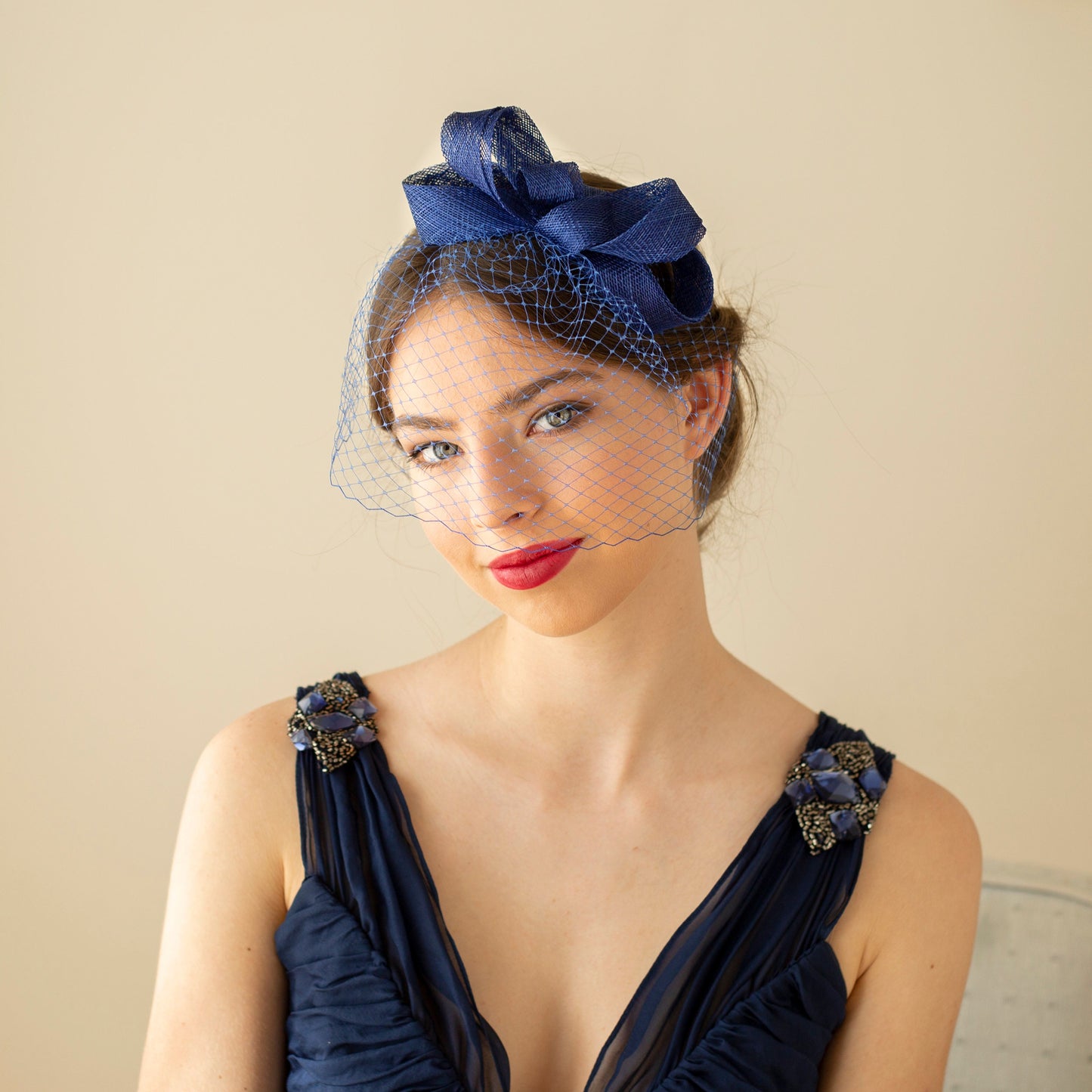 Royal Blue Fascinator Detachable Birdcage Veil, Wedding Headpiece
