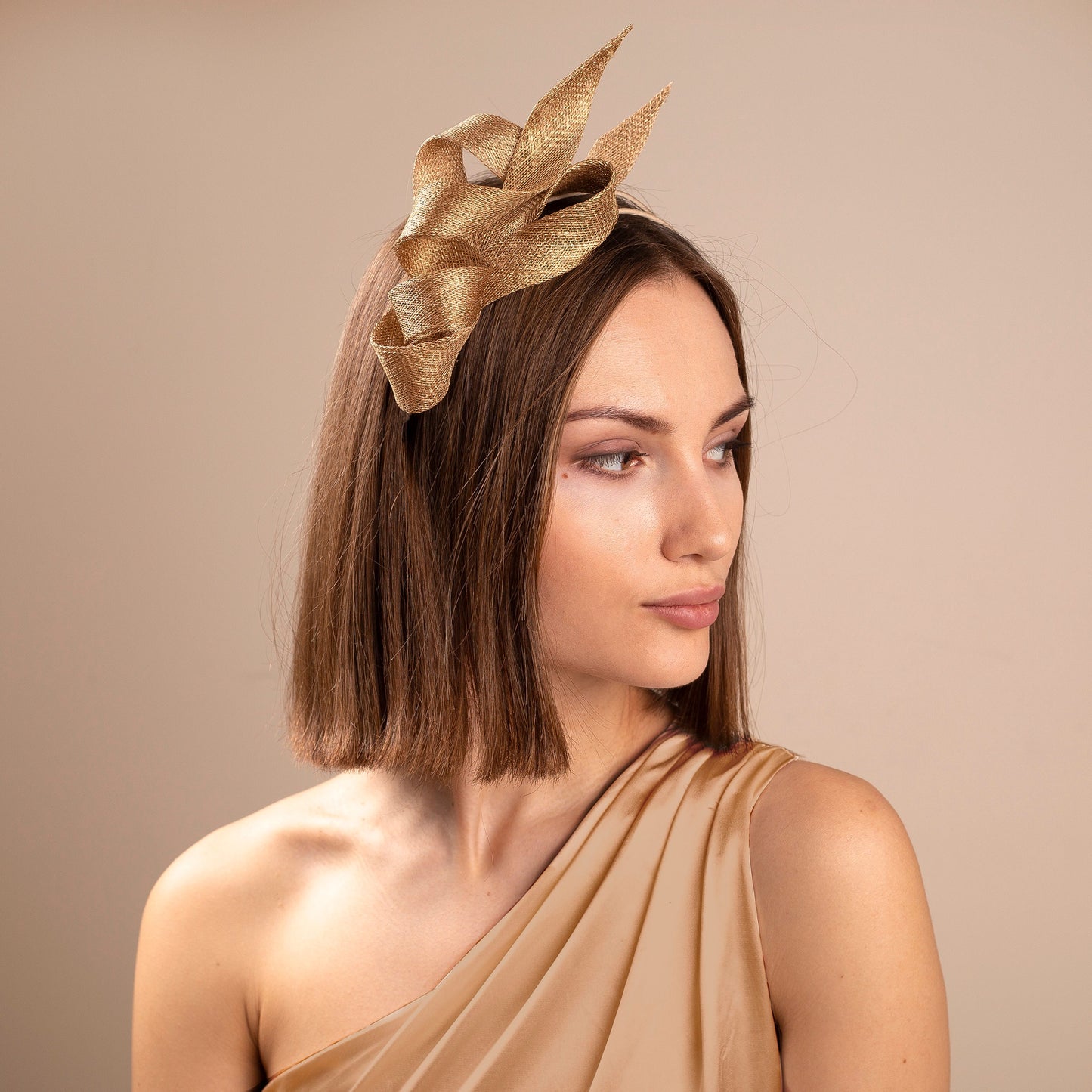 Modern gold fascinator, wedding guest fascinator, sculptural woman fascinator, couture millinery headpiece for mother of bride ot groom