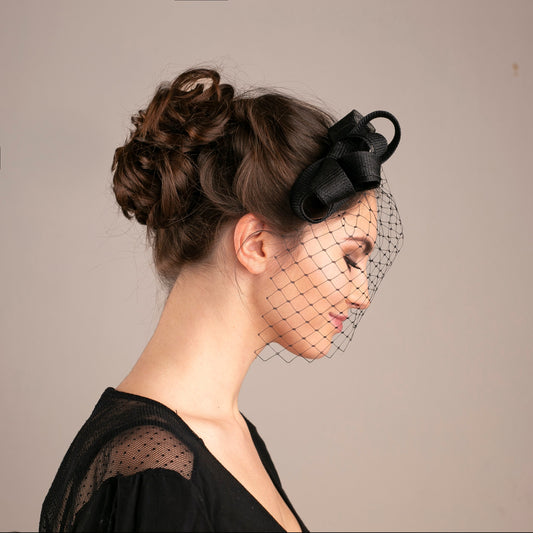 Minimalist Black Bow Fascinator with Detachable Birdcage Veil Formal Event Headpiece