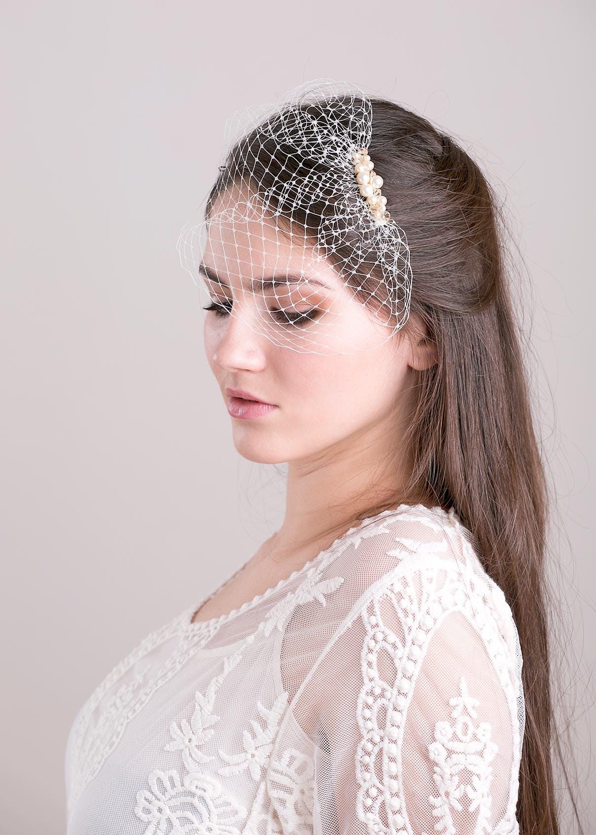 Civil Wedding Swarovski Pearl Veil Pearl Birdcage Veil 6" Short Bridal Veil Pearl Beaded Comb Veil City Hall Wedding Veil