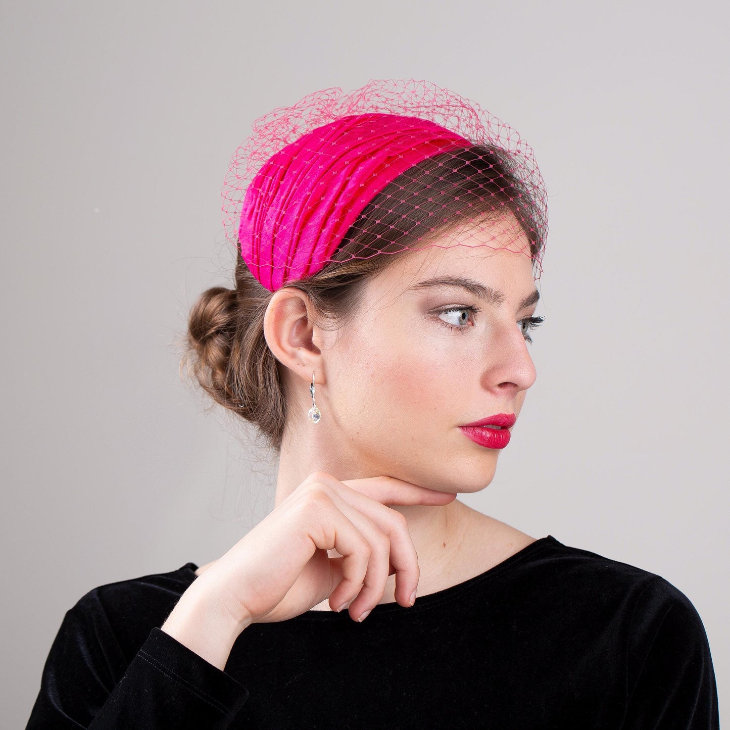 Bright Pink Silk Half Hat with Birdcage Veil, Mid-Century Glamour wide Headband with Netting