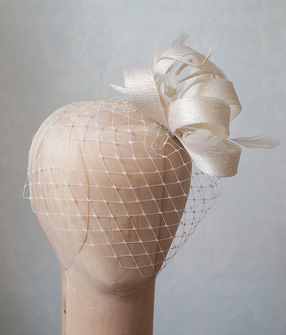 Bridal Feather Fascinator with Birdcage Veil, ivory Wedding Headpiece