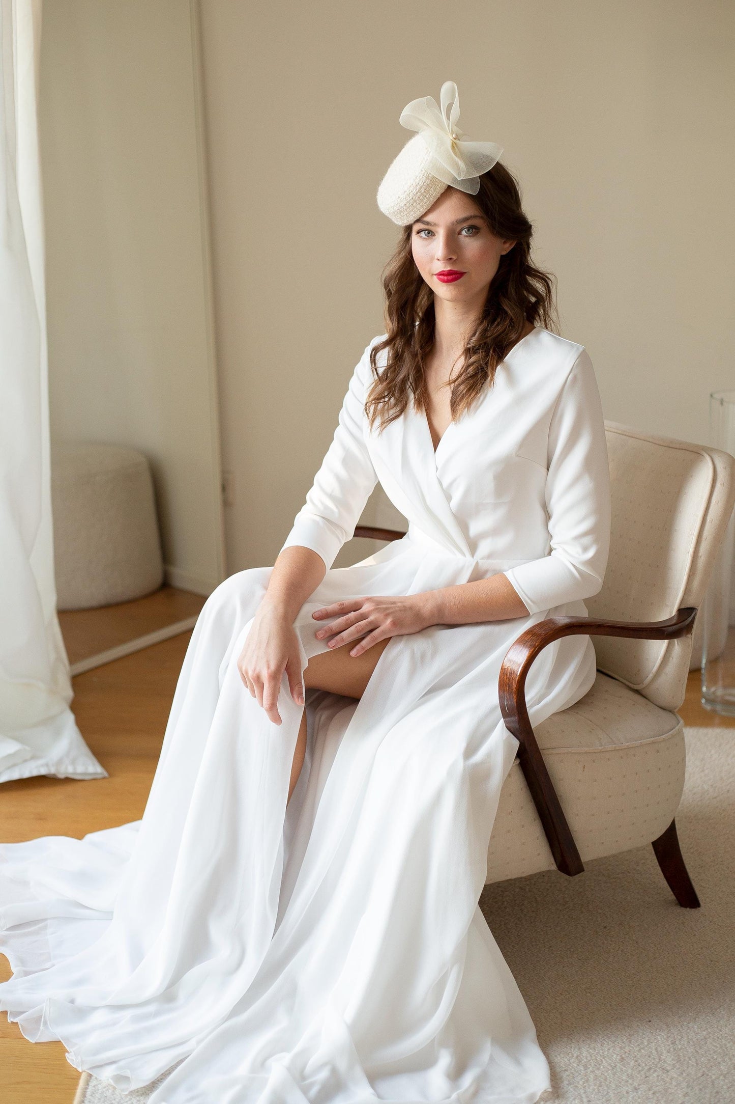 Bridal Wool Tweed Pillbox Hat: Cream Flower & Pearls Winter Wedding