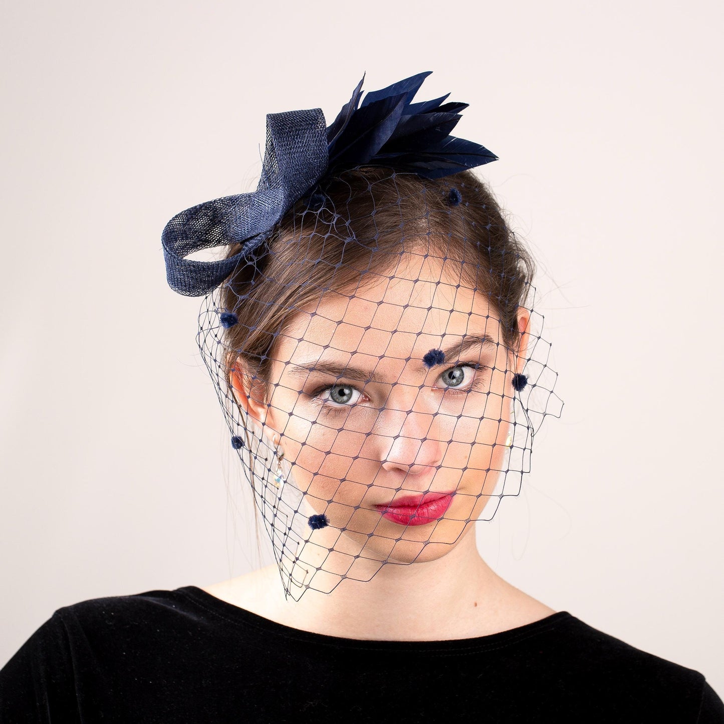 Navy Birdcage Veil Fascinator, Dotted Wedding Hair Accessory