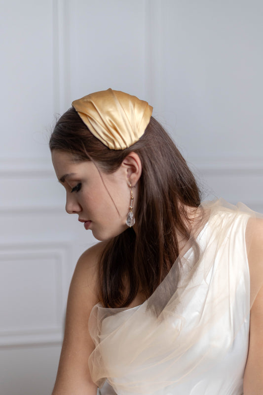 Golden Silk Satin Cap Headpiece, Old Hollywood Inspired Draped Silk Half Hat, 1950s Style Wedding Hat