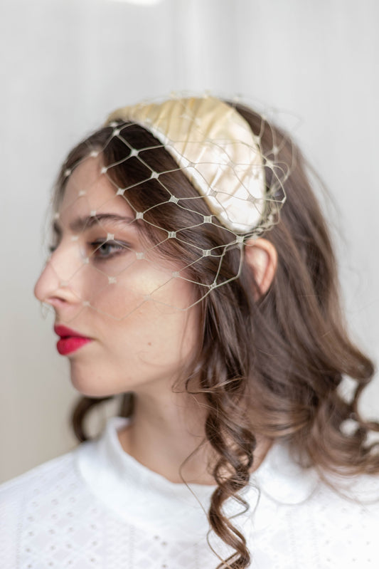Golden Beige Silk Satin Headband with Vintage detachable Veil