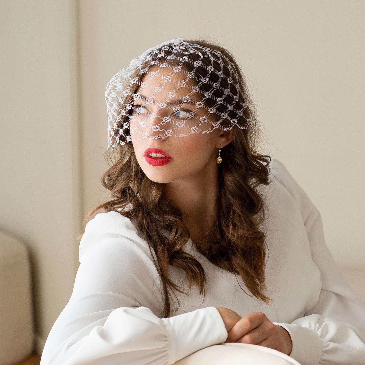 Vintage White Birdcage Veil: 1960s German Veiling, Bridal Face Veil