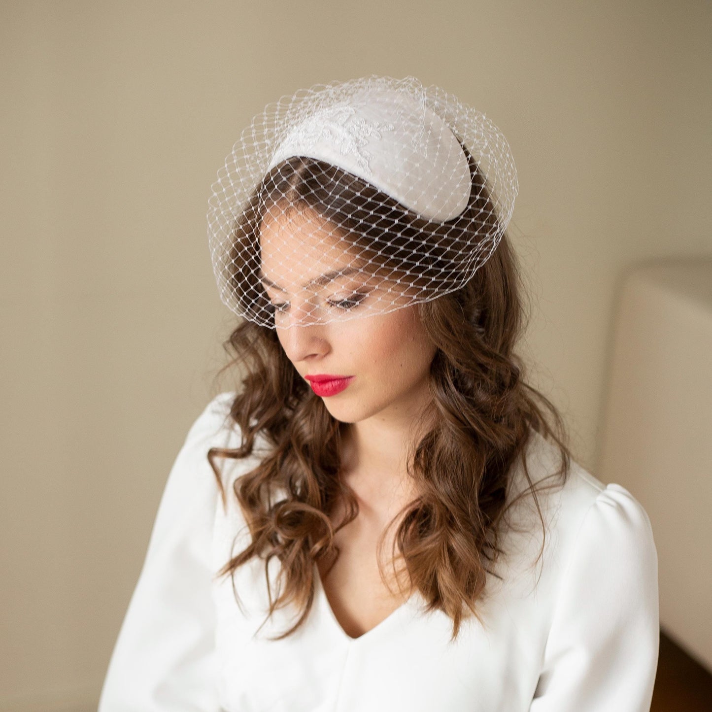 Bridal Juliet Cap: Silk Velvet Wedding Hat with Beaded Lace Birdcage Veil