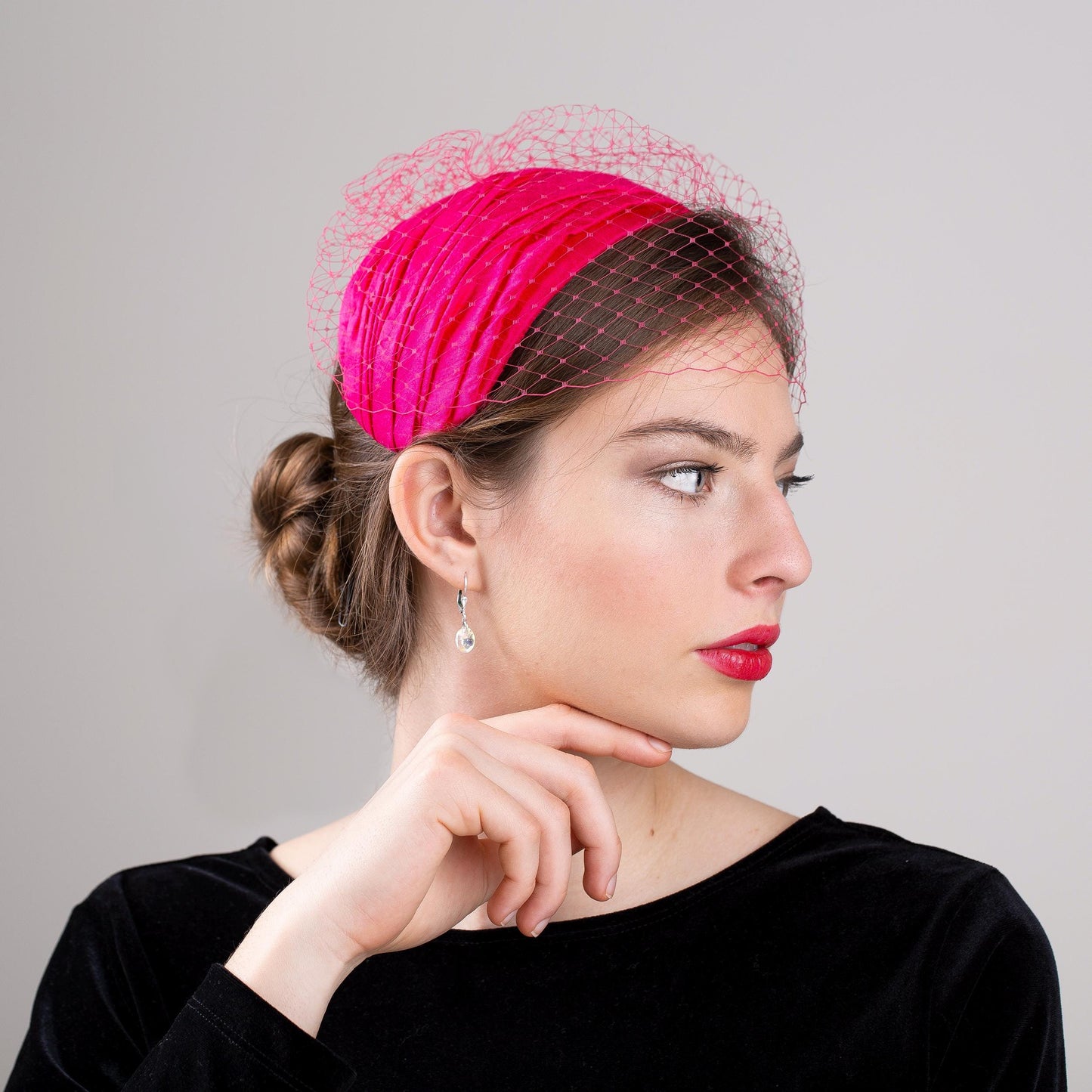Bright Pink Silk Half Hat with Birdcage Veil, Mid-Century Glamour wide Headband with Netting