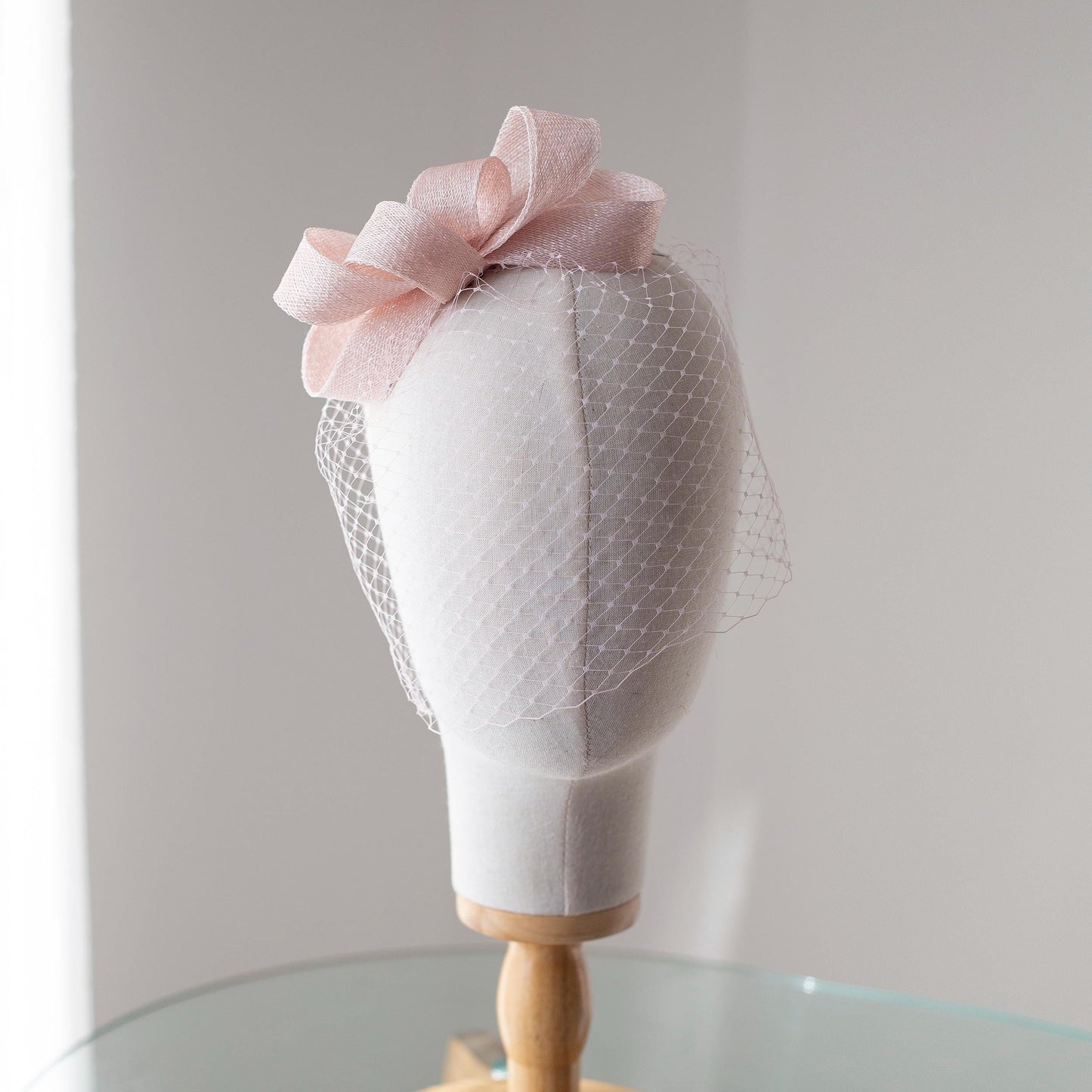 Light Pink Bow Fascinator: Wedding Birdcage Veil Headpiece