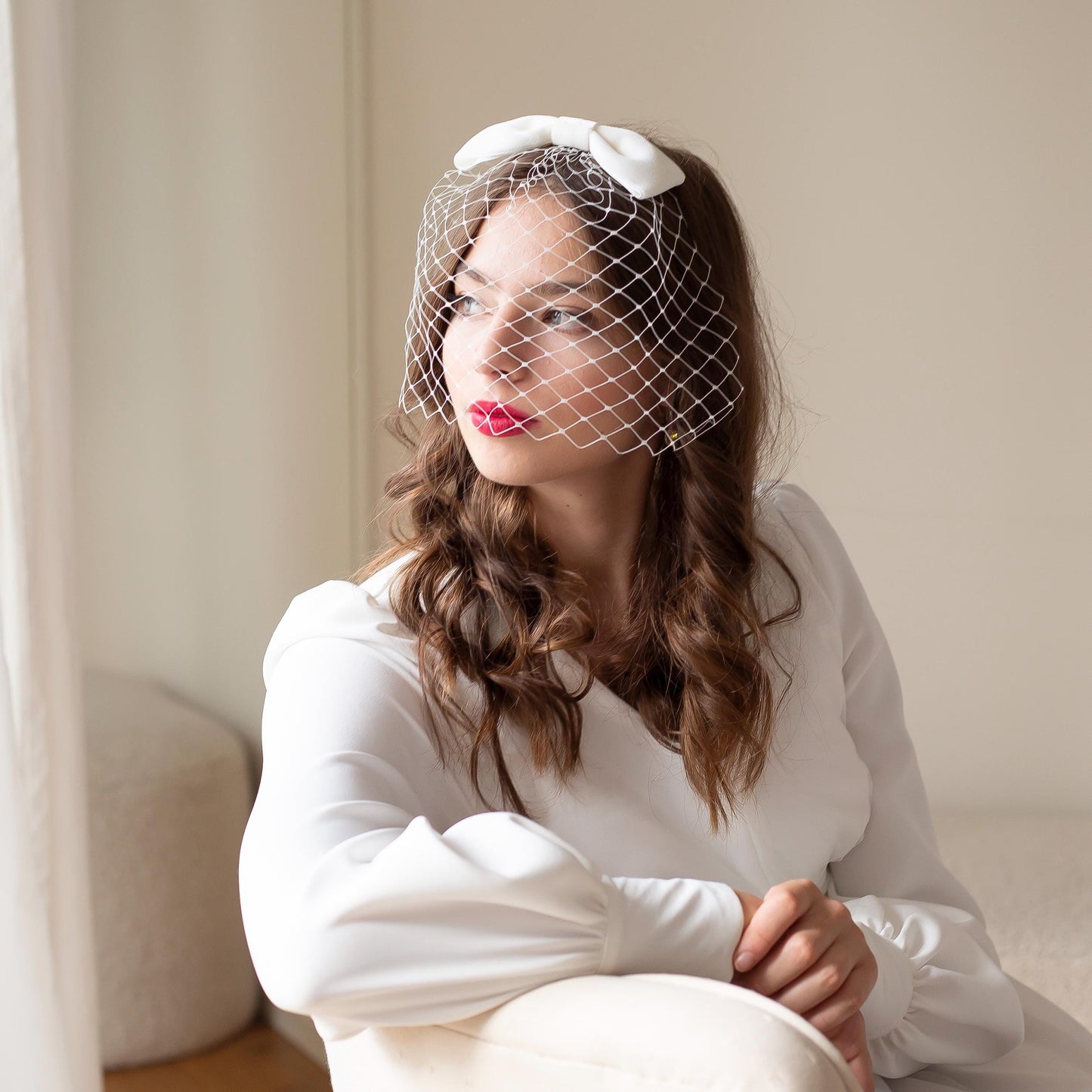 Ivory Velvet Bow Birdcage Veil - Vintage Bridal Hair Accessory