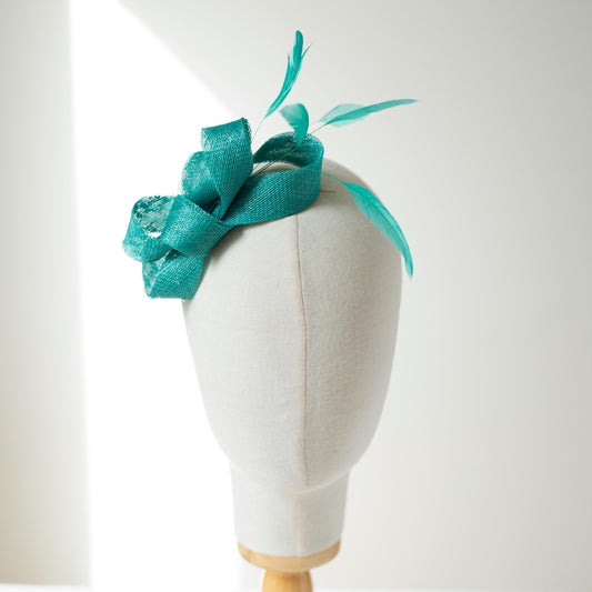 Jade Green Bow Fascinator: Sinamay & Feather Hairpiece