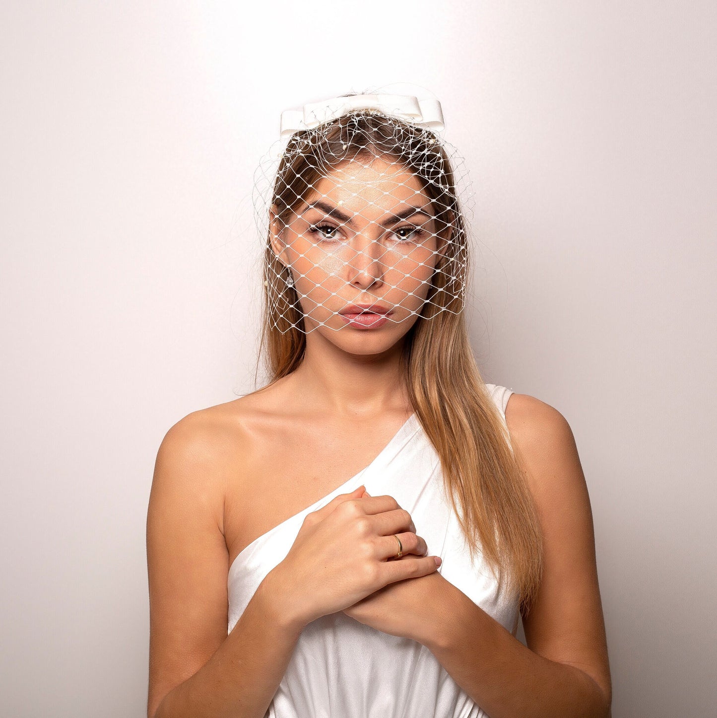 Bridal Birdcage Veil with Bow Audrey Hepburn Style Face Netting Veil with Hair Bow in Ivory with scattered  Rhinestones