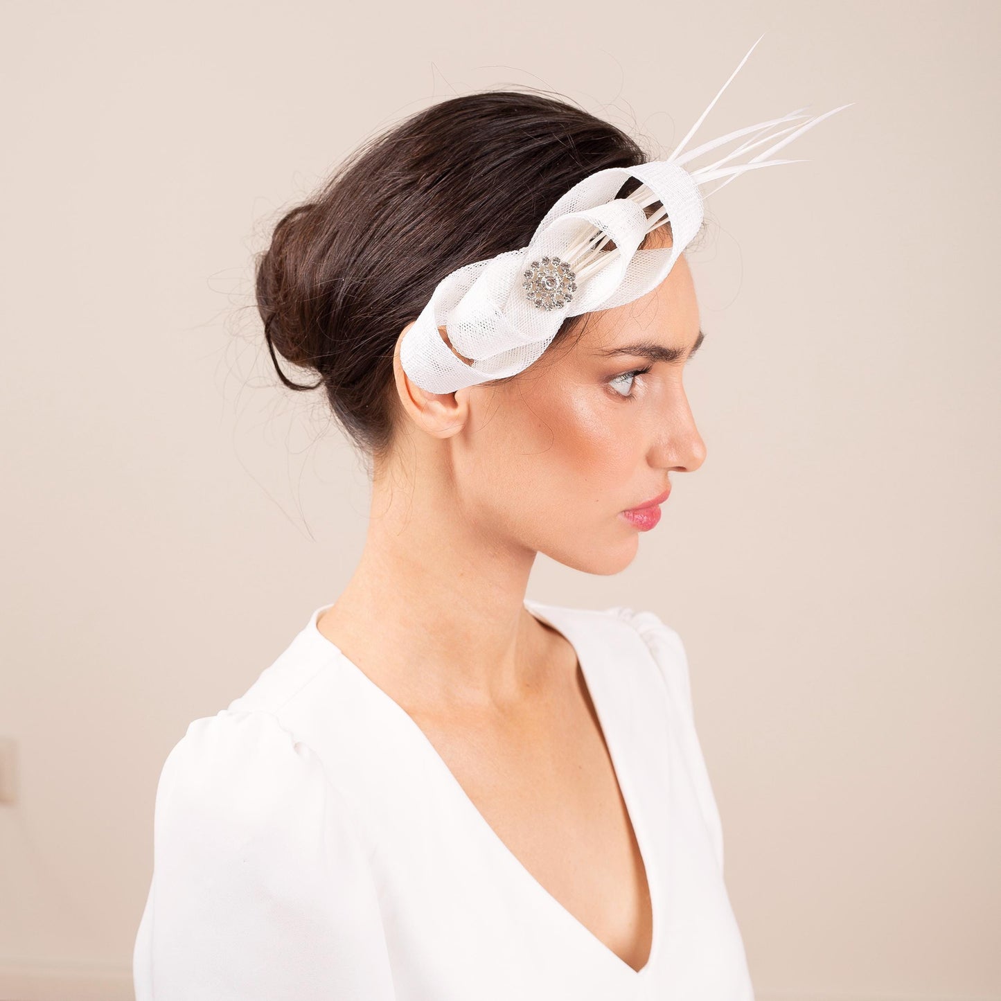 White Feather Bridal Fascinator: Rhinestone Wedding Headpiece