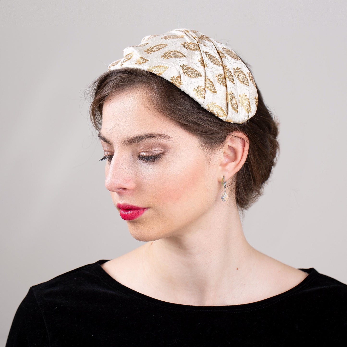 Gold Banarasi Fabric Calotte Hat: Old Hollywood Style Half Hat