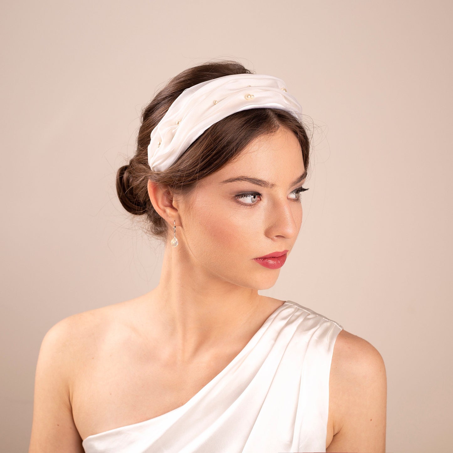 Ruched Silk Bridal Headband with scattered Pearls: Millinery Wedding Headpiece with Swarovski in Ivory, Old Hollywood Style Bride