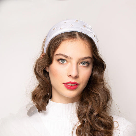 White velvet pearl headband, bridal headpiece in white silk velvet with pearls, comfortable millinery headband