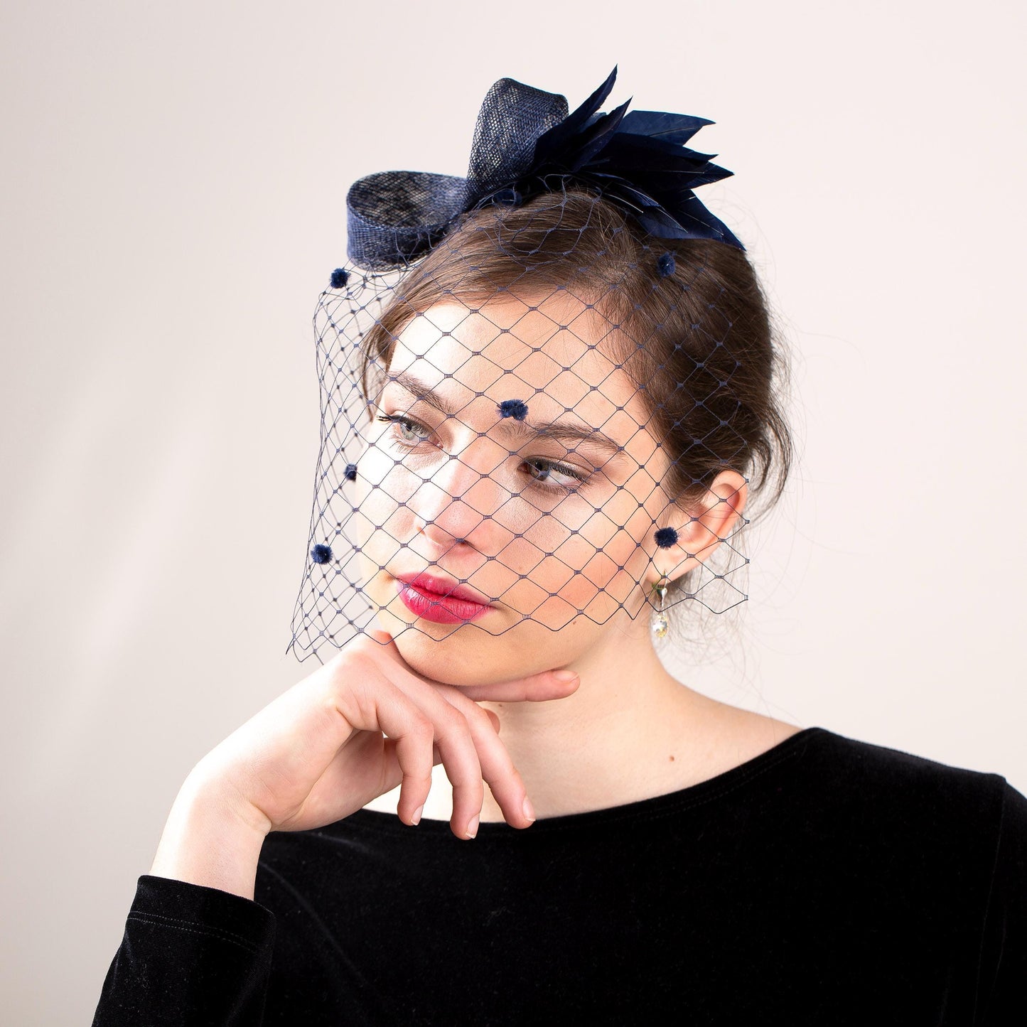 Navy Birdcage Veil Fascinator, Dotted Wedding Hair Accessory
