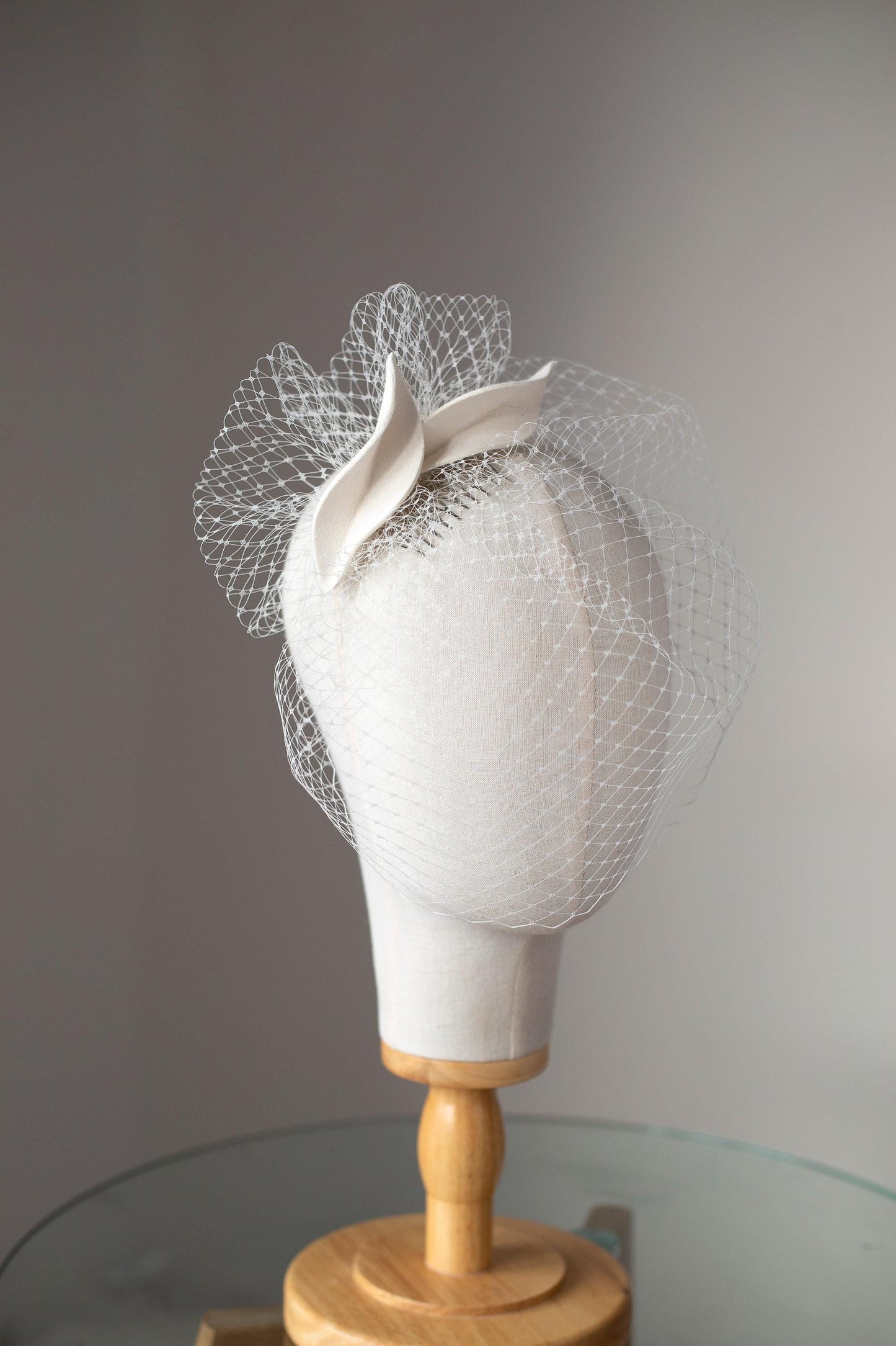 Bridal petals fascinator with short birdcage veil,  ivory felt leaves head piece on wedding birdcage netting veil, READY TO SHIP