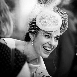 Veiled bridal pillbox hat in ivory, Elegant Chenille Dots Veiled Bridal Sinamay Hat, Ivory Millinery Bridal Hat, White veiled hat bride