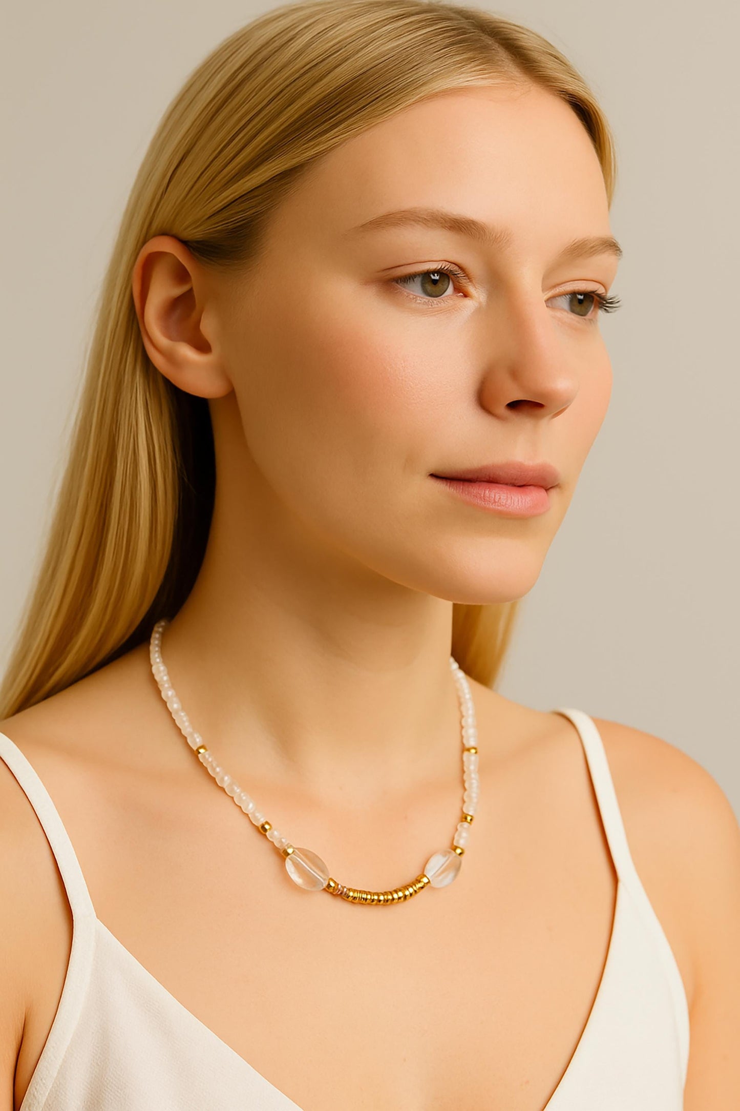 Handcut Snow Quartz Necklace: White Gemstone & Brass, 19 Inch