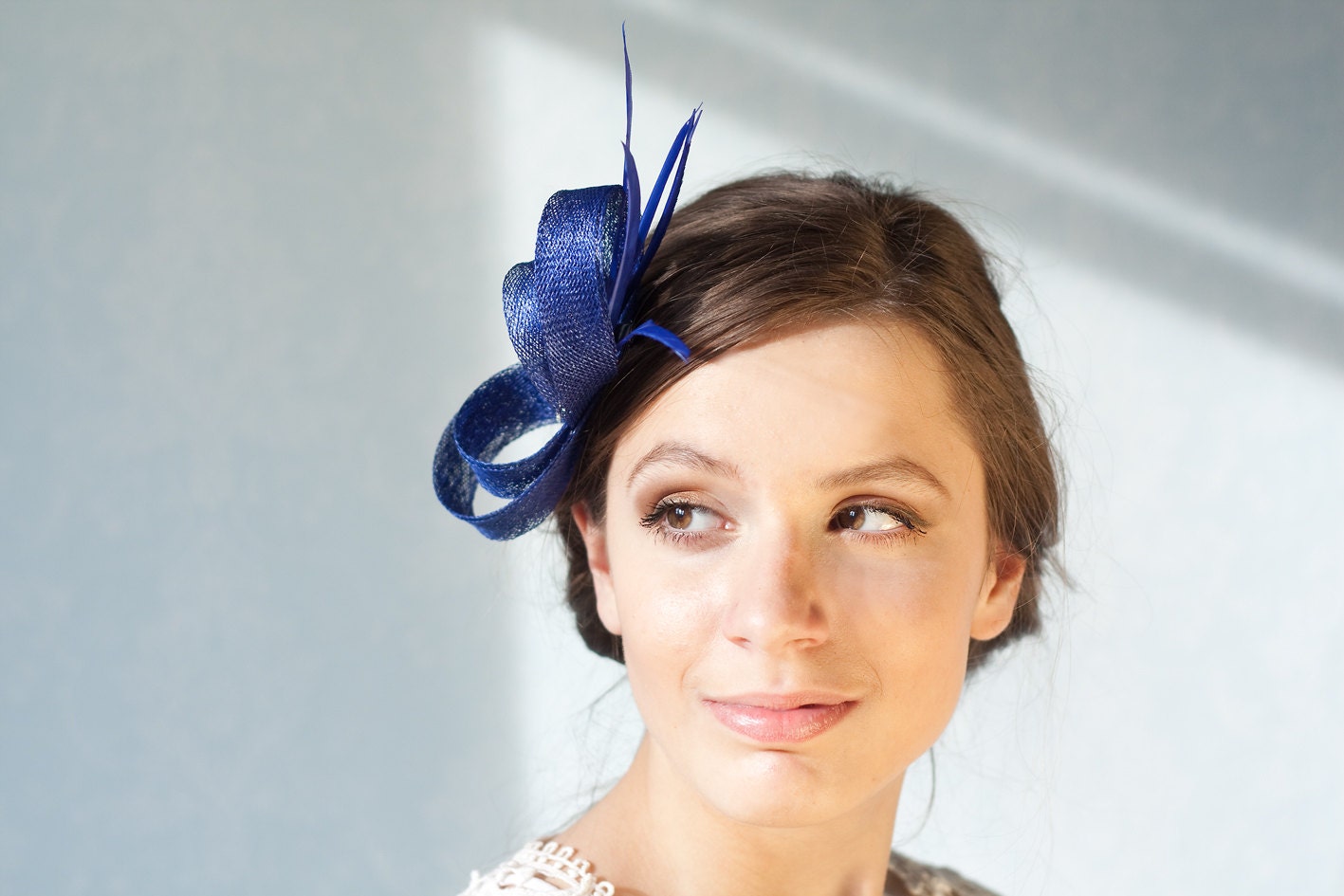 Royal Blue Feather Fascinator on clip, Rhinestone Wedding Headpiece, Formal occasion hair piece