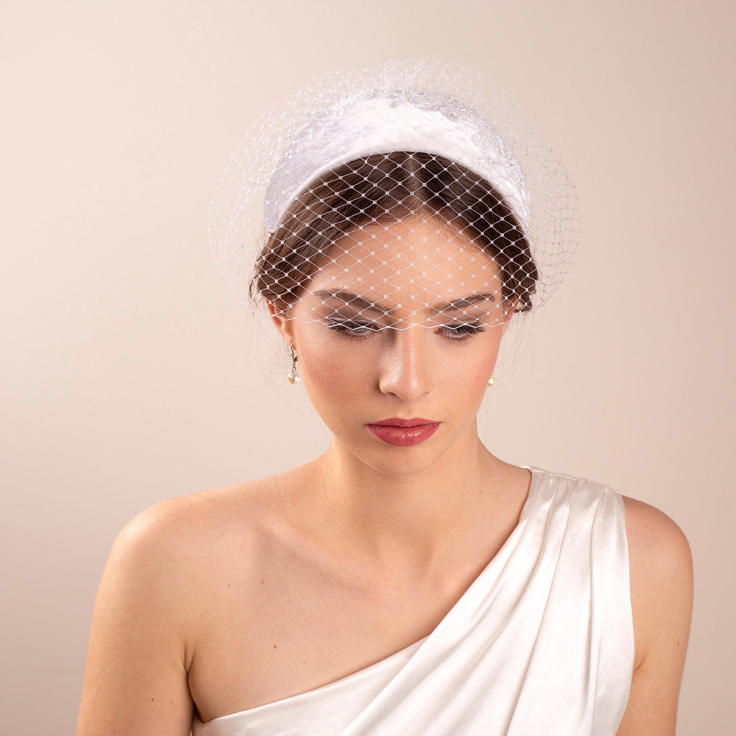 Velvet Wedding Cap Headpiece: Mid-Century Lace Birdcage Veil