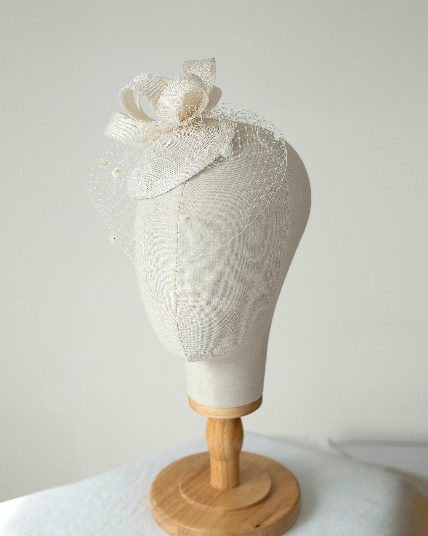 Bridal Sinamay Fascinator Hat in Ivory Wedding Pillbox Hat with Dotted Birdcage Veil