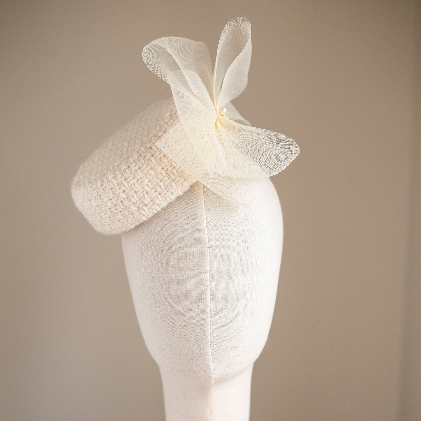 Bridal Wool Tweed Pillbox Hat: Cream Flower & Pearls Winter Wedding