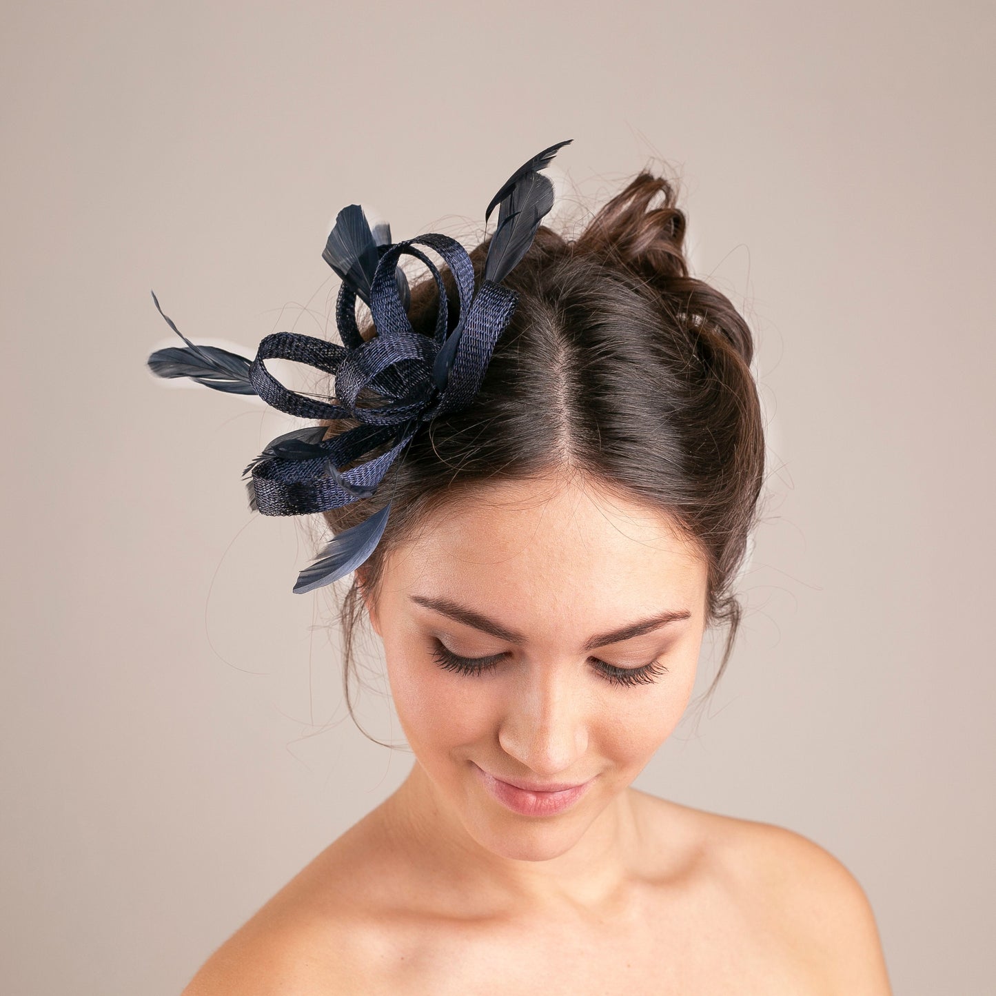 Navy fascinator with feathers, wedding guests headpiece for women