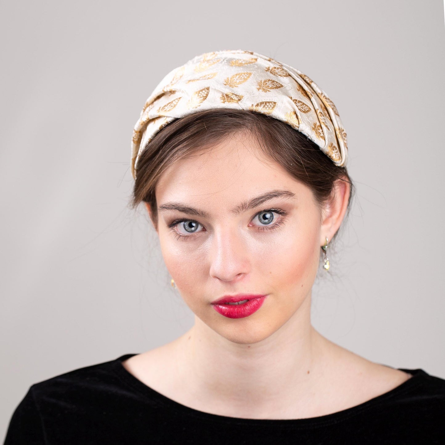 Gold Banarasi Fabric Calotte Hat: Old Hollywood Style Half Hat