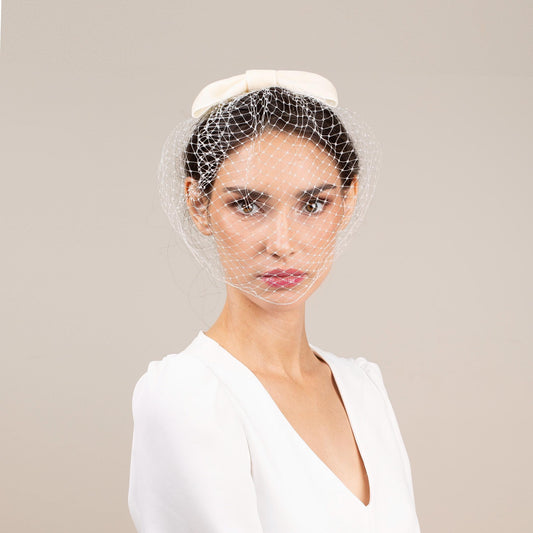 Cream Velvet Bow Birdcage Veil: City Hall Bride Hair Accessory